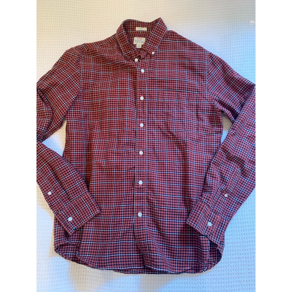 J Crew Mens Button Down Shirt‎ M Red check Plaid Oxford Slim